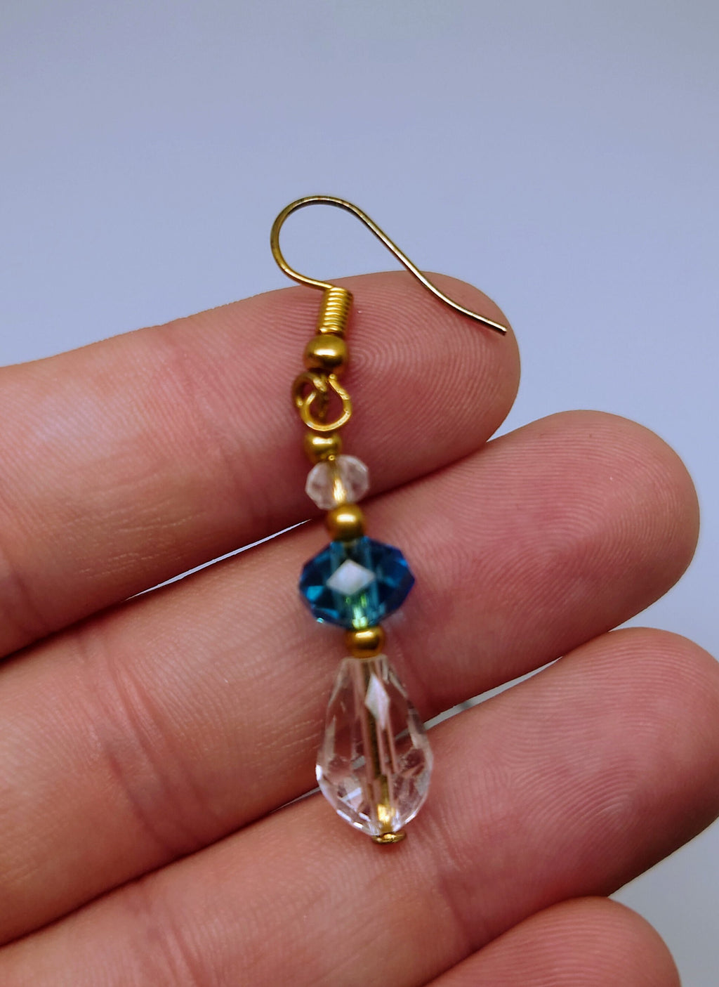 Vintage Dangle Drop Earrings Round Blue Glass Hook Clasp Costume Jewellery Jewelry Gold Tone Wedding Jewellery Long Earrings