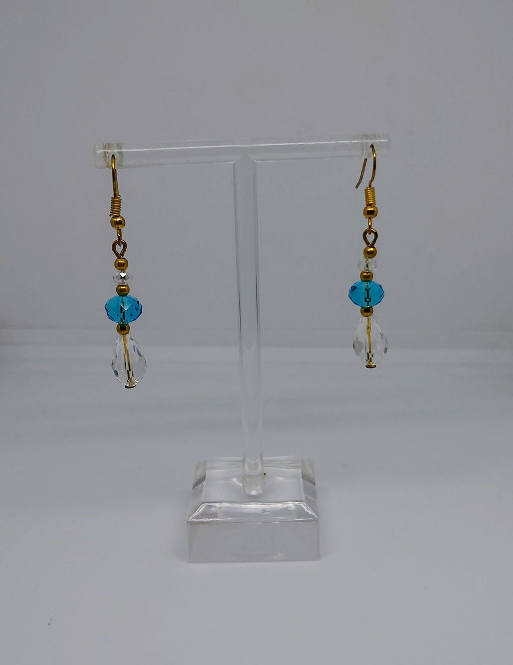 Vintage Dangle Drop Earrings Round Blue Glass Hook Clasp Costume Jewellery Jewelry Gold Tone Wedding Jewellery Long Earrings