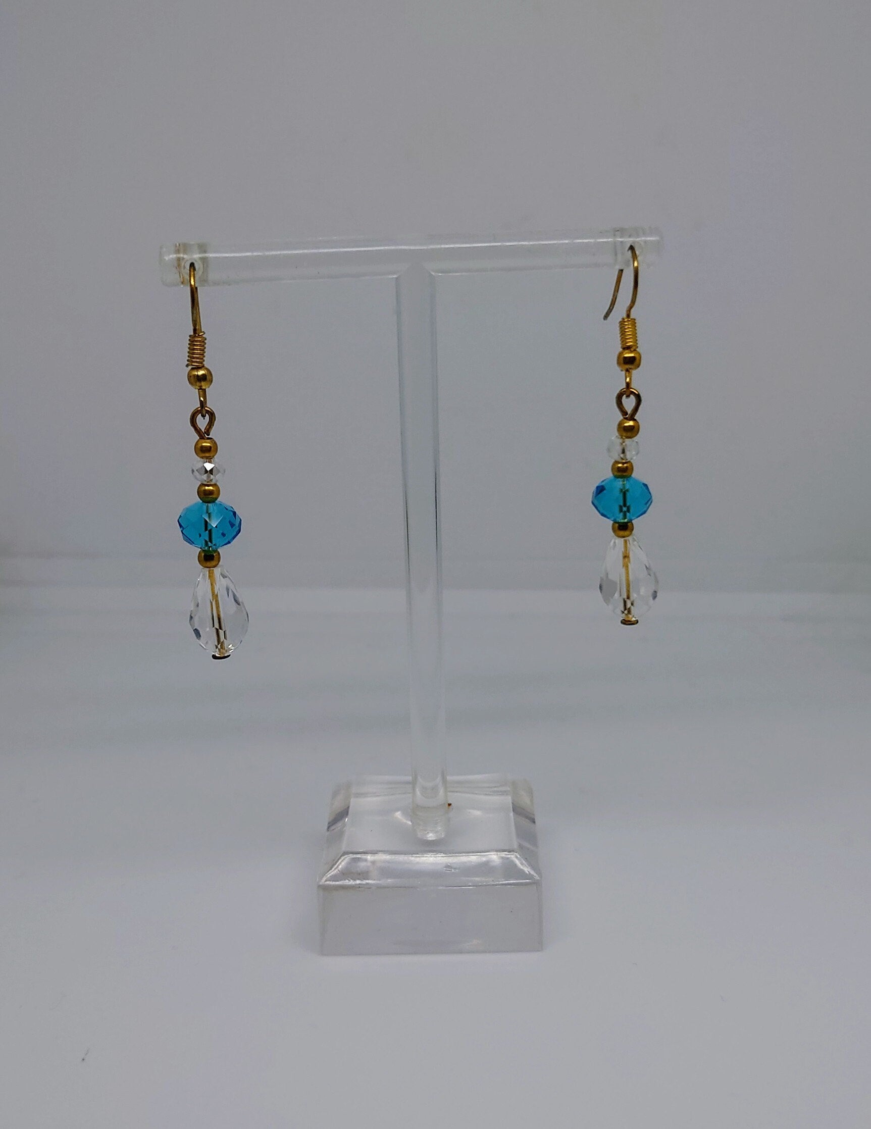 Vintage Dangle Drop Earrings Round Blue Glass Hook Clasp Costume Jewellery Jewelry Gold Tone Wedding Jewellery Long Earrings