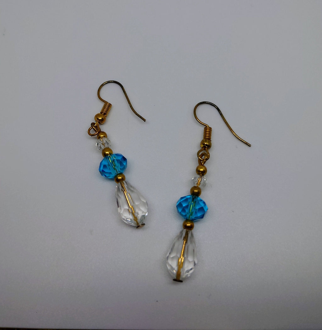 Vintage Dangle Drop Earrings Round Blue Glass Hook Clasp Costume Jewellery Jewelry Gold Tone Wedding Jewellery Long Earrings