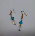 Vintage Dangle Drop Earrings Round Blue Glass Hook Clasp Costume Jewellery Jewelry Gold Tone Wedding Jewellery Long Earrings