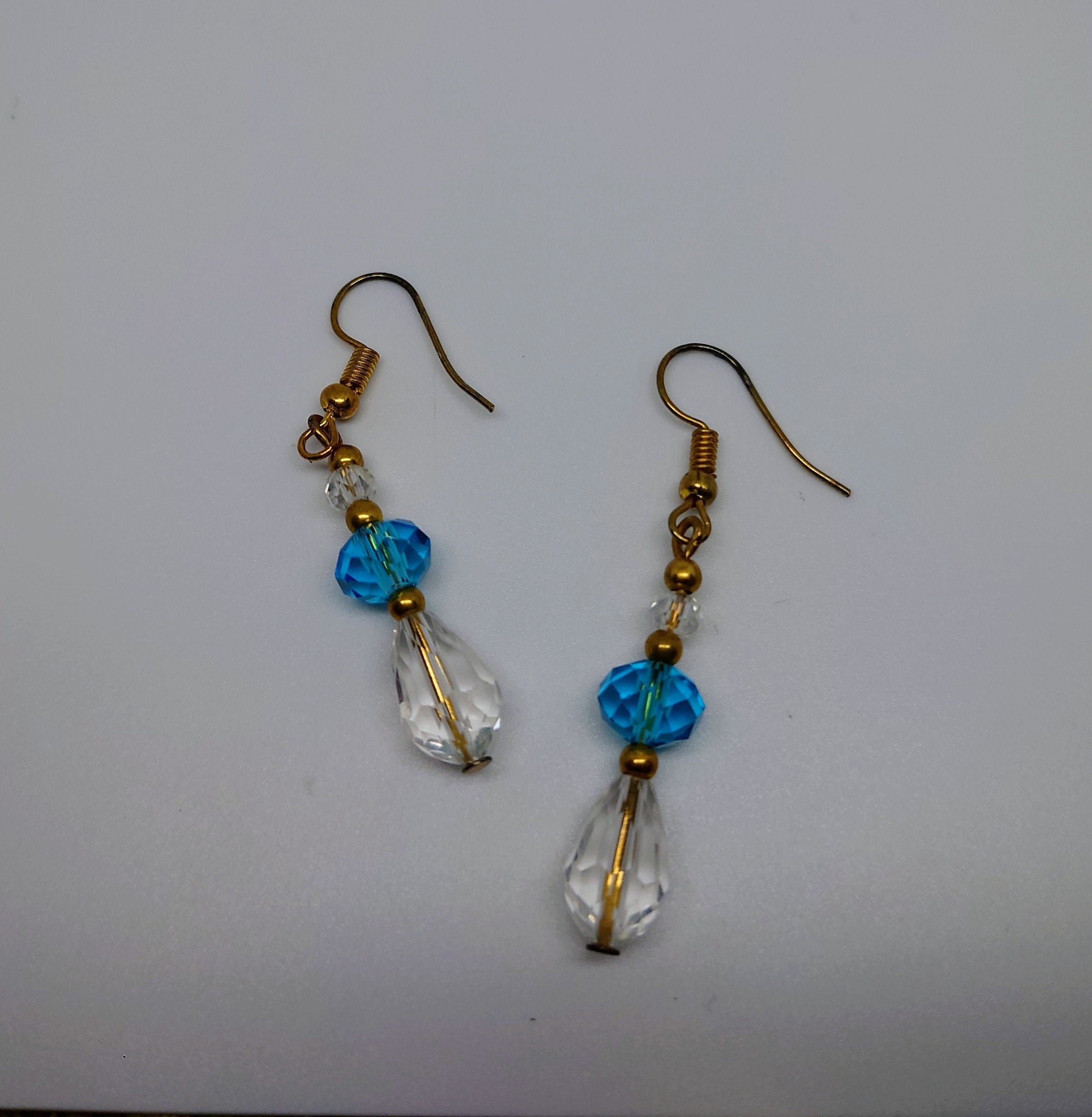 Vintage Dangle Drop Earrings Round Blue Glass Hook Clasp Costume Jewellery Jewelry Gold Tone Wedding Jewellery Long Earrings