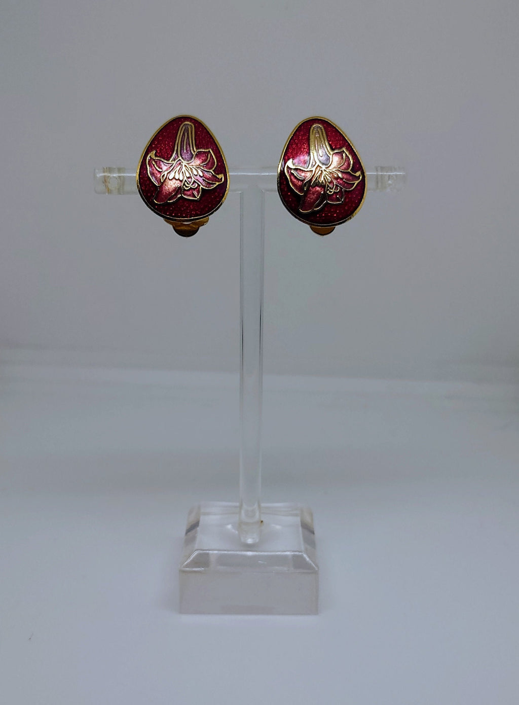 Vintage Cloisonne Enamel Clip on  Earrings Floral Flower Earrings Gold Tone Metal Costume Jewellery Jewelry
