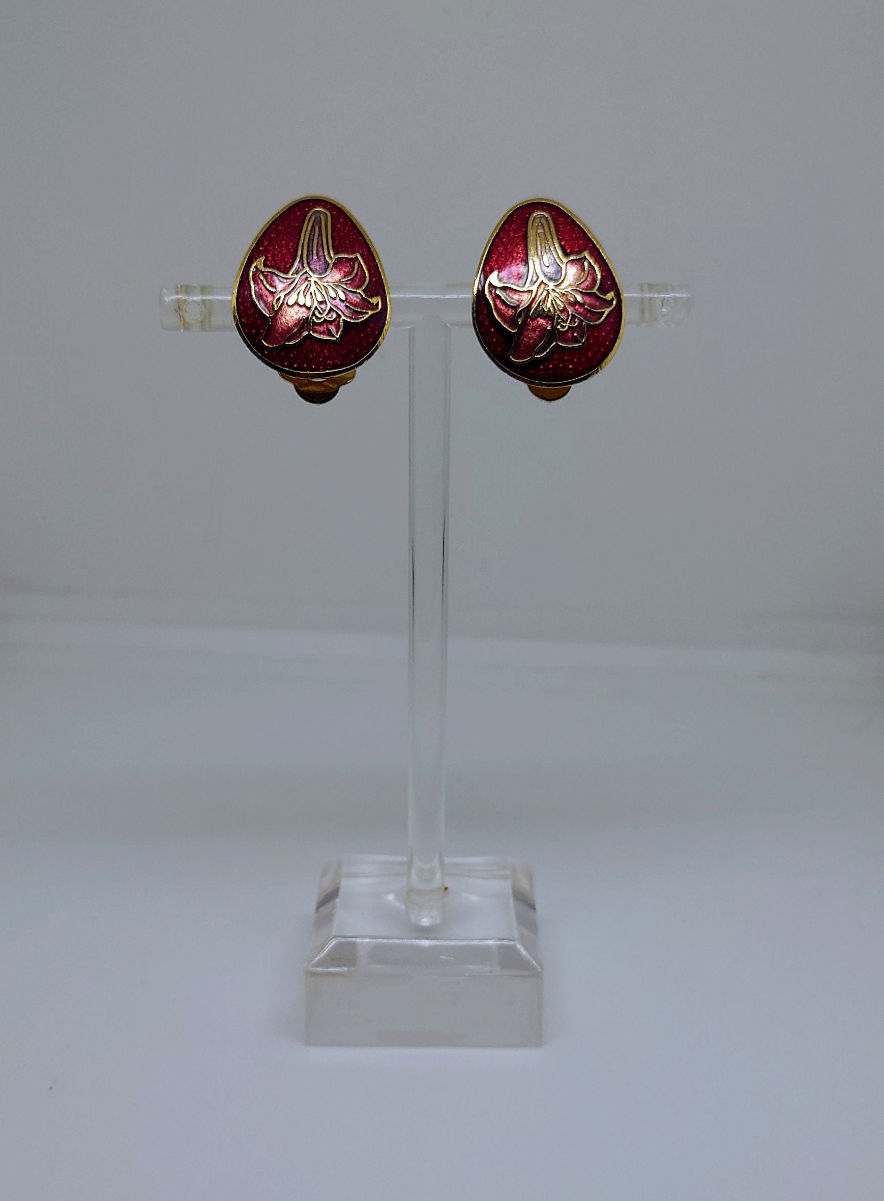 Vintage Cloisonne Enamel Clip on  Earrings Floral Flower Earrings Gold Tone Metal Costume Jewellery Jewelry