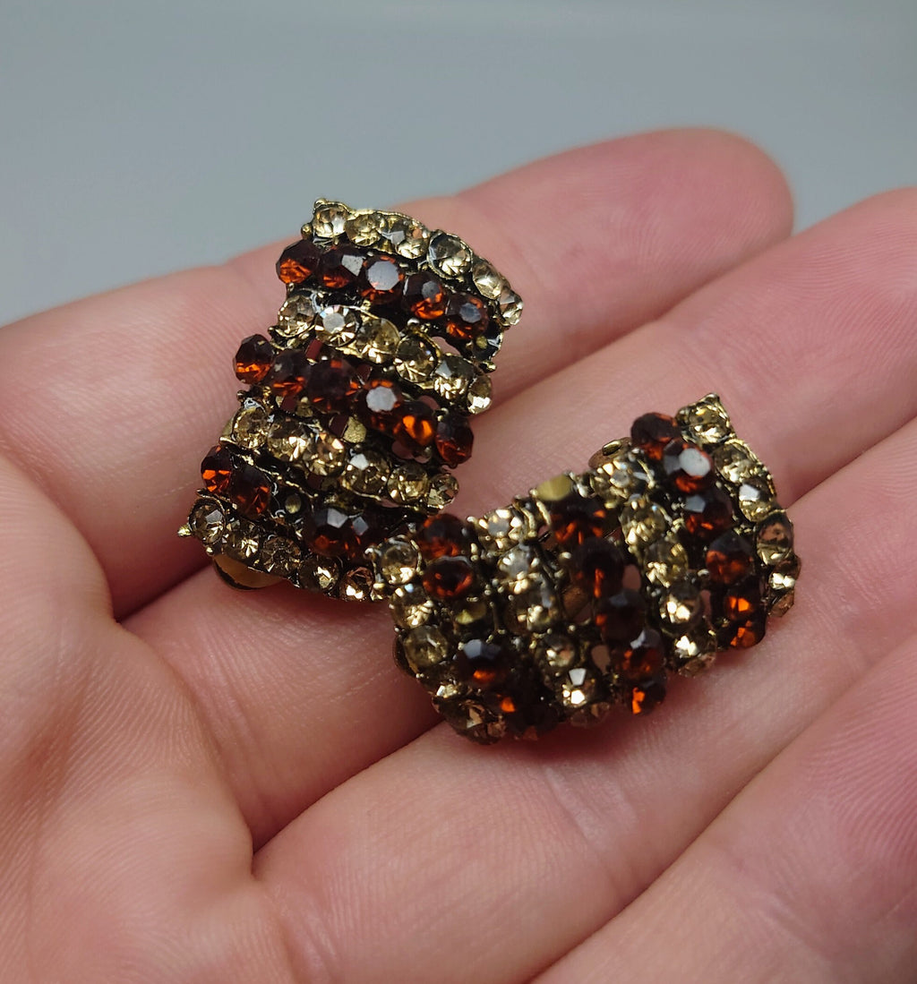 Vintage Earrings Gold Diamond Clip on Earrings Diamanté Rhinestone Retro Gold Costume Jewellery Jewelry topaz rhinestone