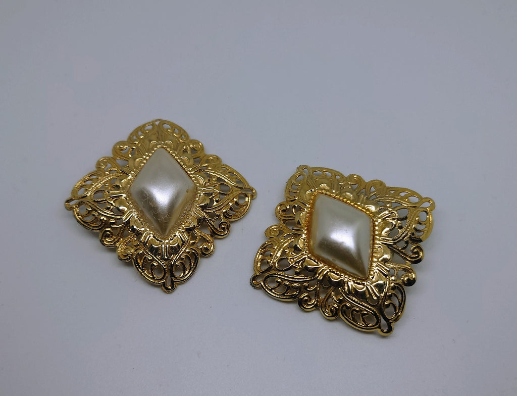 Retro Earrings Gold Clip On Pearl Costume Jewellery Jewelry Vintage Earrings 70's Clip on Chunky