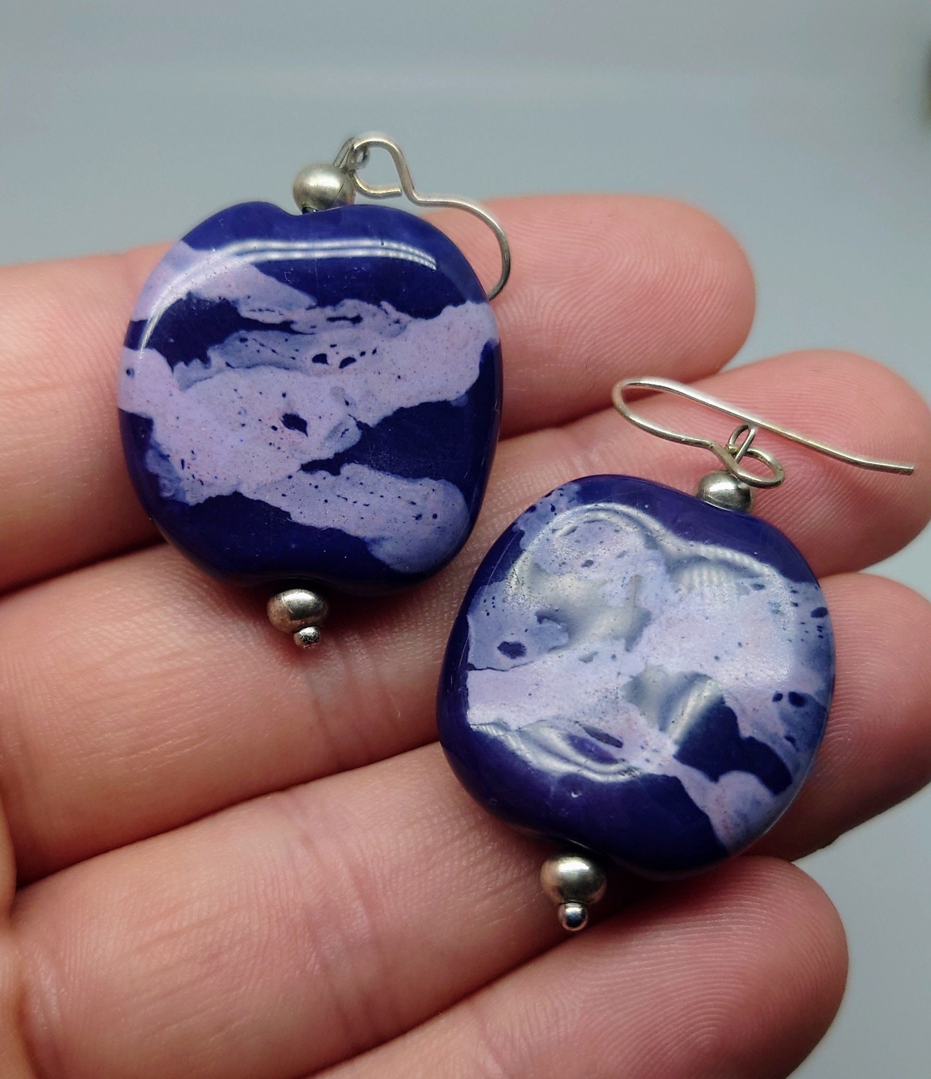Vintage Earrings Blue Round Dangle Drop Agate/Stone Earrings Costume Jewellery Jewelry Chunky Kitsch Jewellery