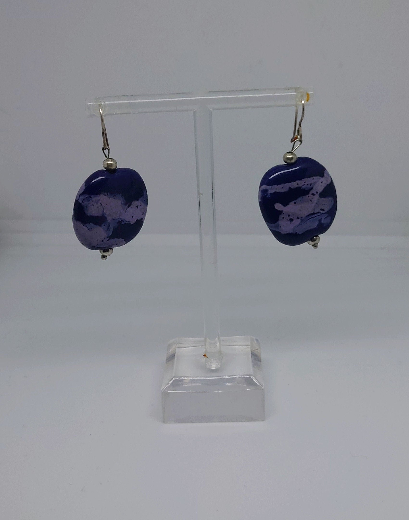 Vintage Earrings Blue Round Dangle Drop Agate/Stone Earrings Costume Jewellery Jewelry Chunky Kitsch Jewellery