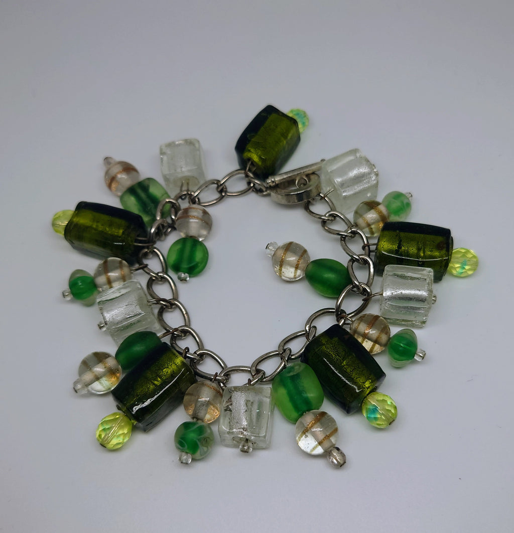 Vintage Glass Beaded Bangle Foil Glass Emerald Green Costume Jewellery Jewelry Chunky Glass Beaded Bangle/bracelet