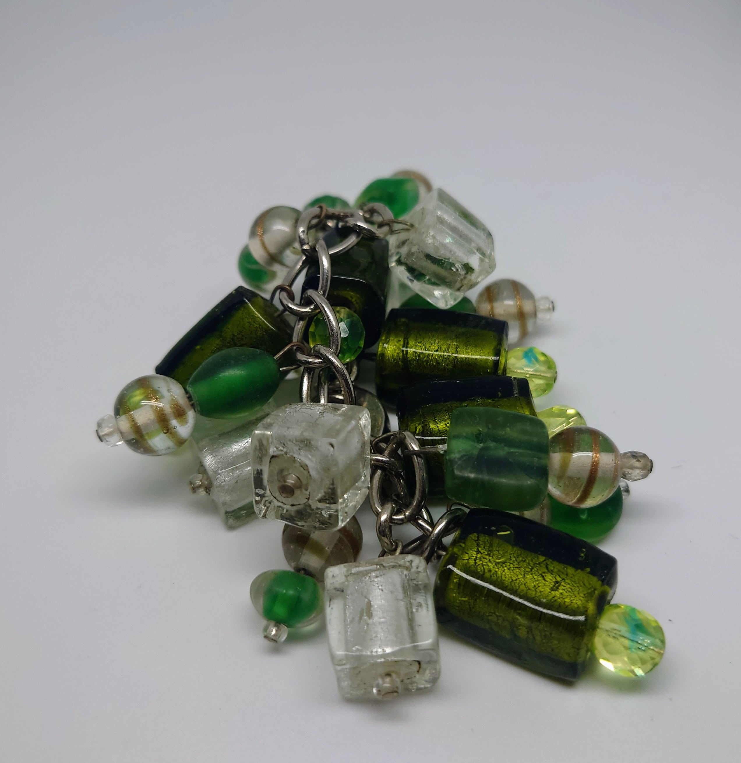 Vintage Glass Beaded Bangle Foil Glass Emerald Green Costume Jewellery Jewelry Chunky Glass Beaded Bangle/bracelet