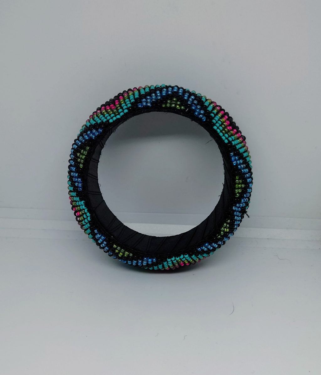 Vintage Seed Beaded Bracelet Blue and Black Round Chunky Retro Costume Jewellery Jewelry