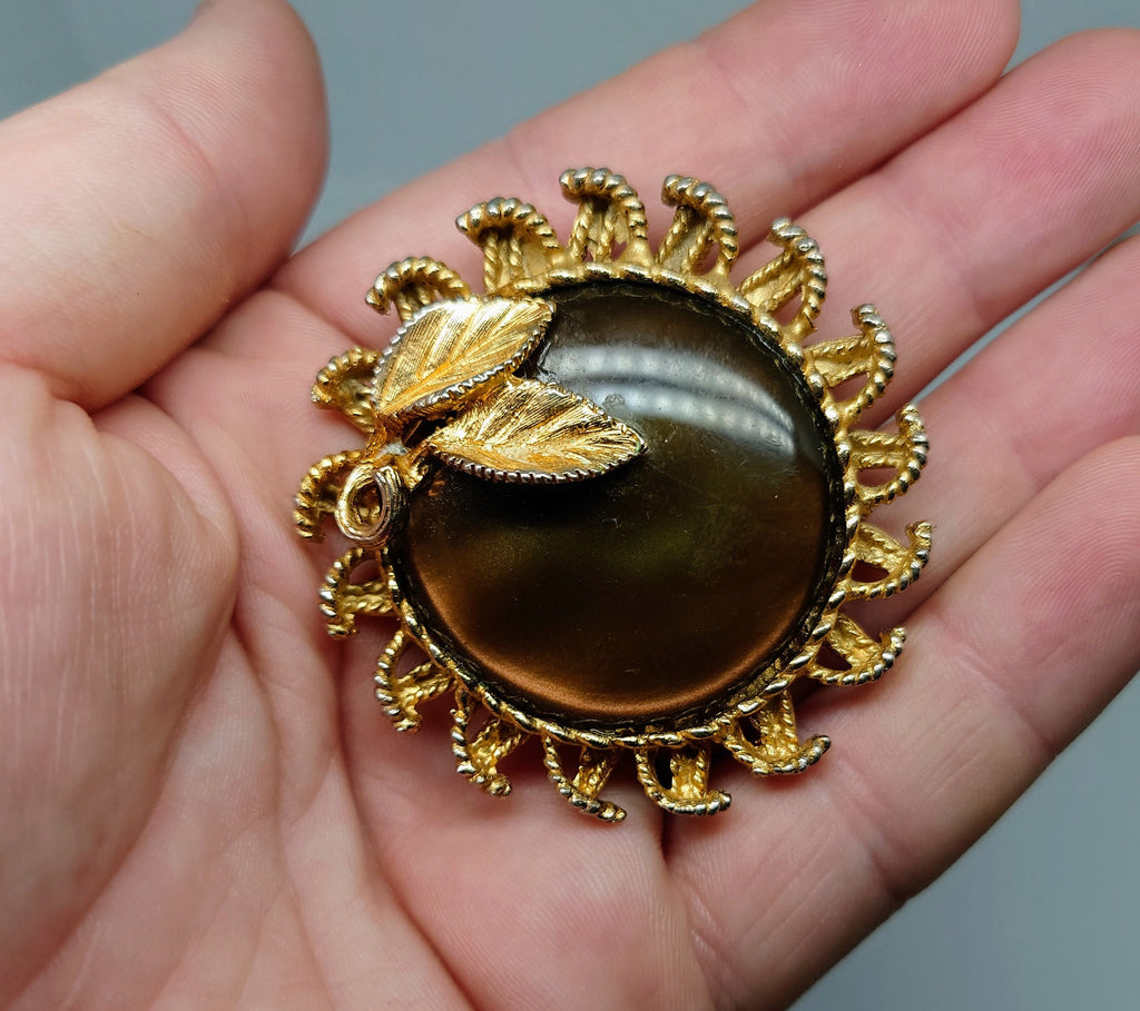 Vintage Brooch Gold Amber Glass Rhinestone Costume Jewellery Jewelry Chunky Glass Brooch Pin Amber Floral Leaf Pin