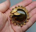 Vintage Brooch Gold Amber Glass Rhinestone Costume Jewellery Jewelry Chunky Glass Brooch Pin Amber Floral Leaf Pin