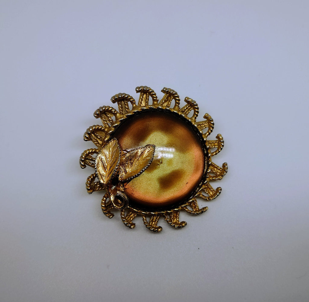 Vintage Brooch Gold Amber Glass Rhinestone Costume Jewellery Jewelry Chunky Glass Brooch Pin Amber Floral Leaf Pin