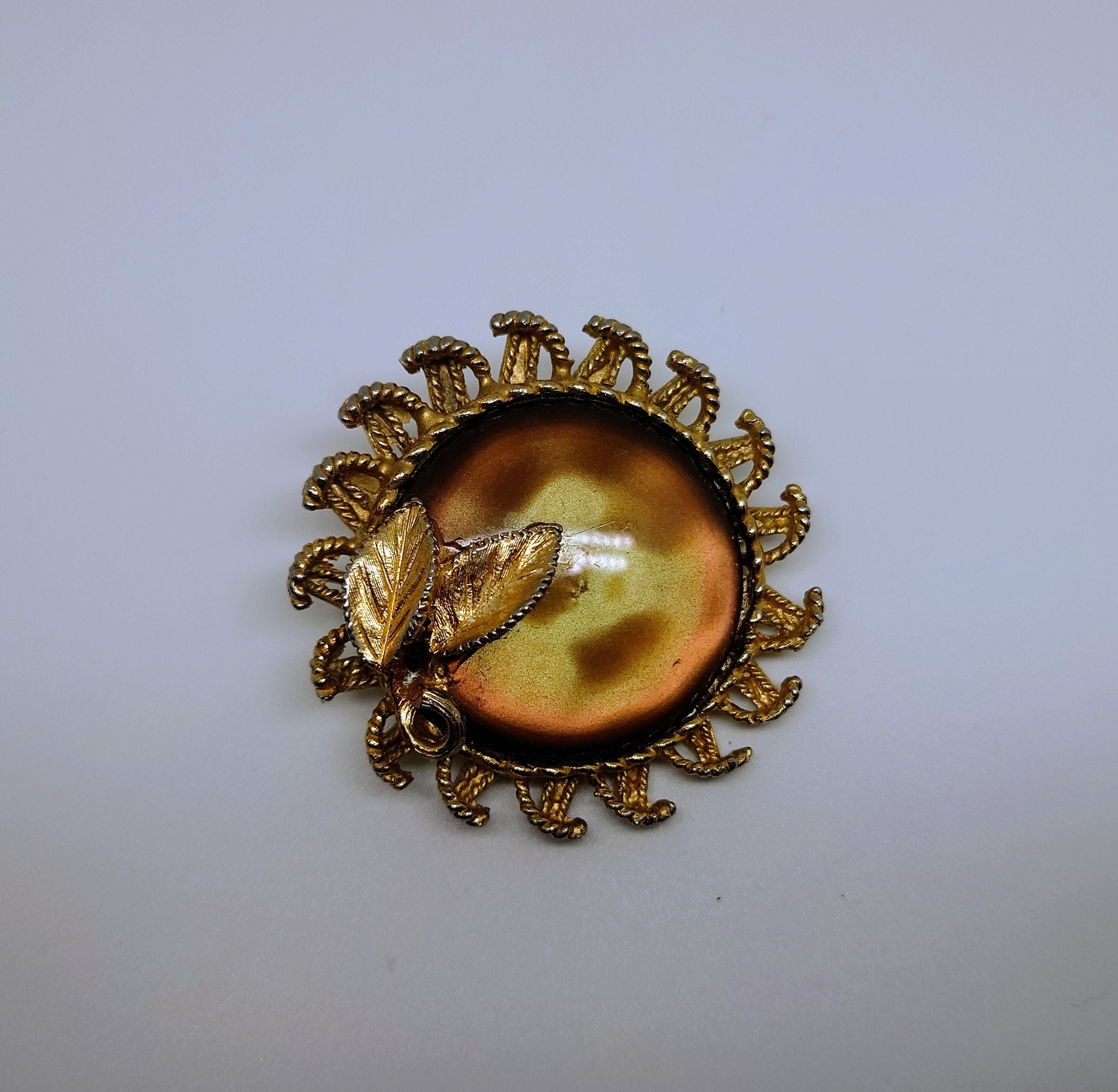 Vintage Brooch Gold Amber Glass Rhinestone Costume Jewellery Jewelry Chunky Glass Brooch Pin Amber Floral Leaf Pin