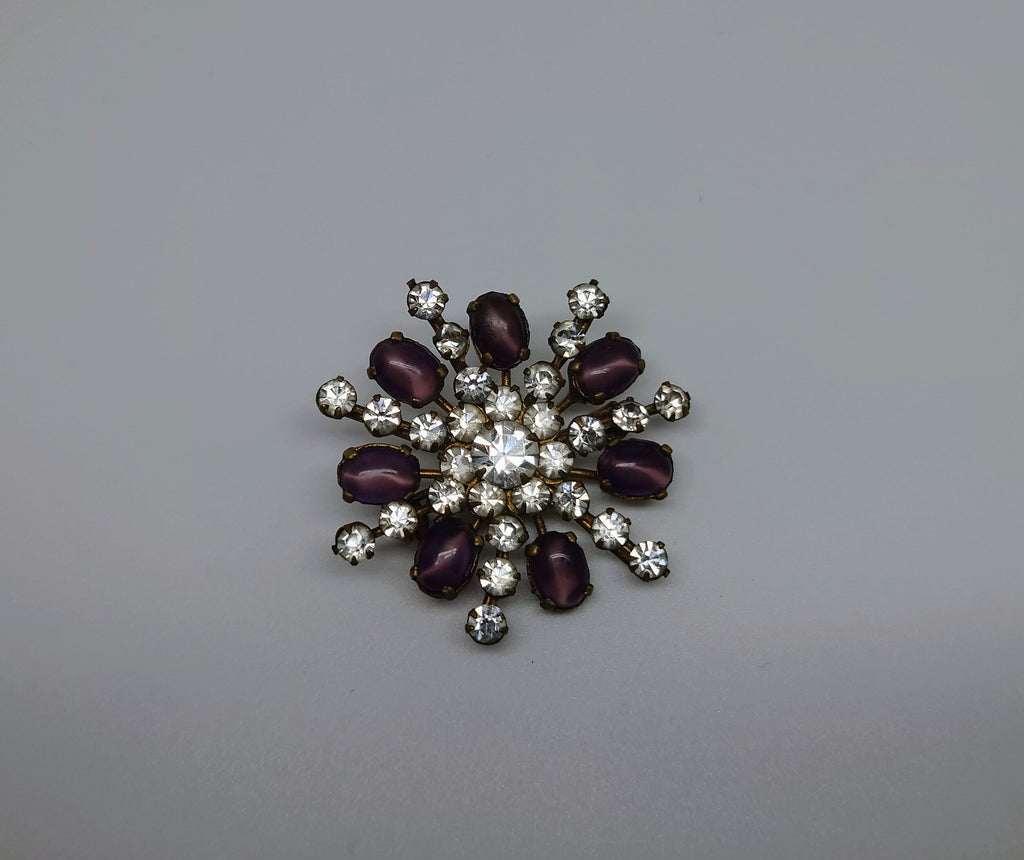 Vintage Floral Pink/Purple Diamond Brooch Gold Tone Metal Costume Jewellery Jewelry Fuax Amethyst and Rose Quartz Unsigned Beauty