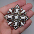 Vintage Silver and White Floral Brooch White Rhinestone Diamond Rhinestone Floral Flower Gold Costume Jewellery Jewelry