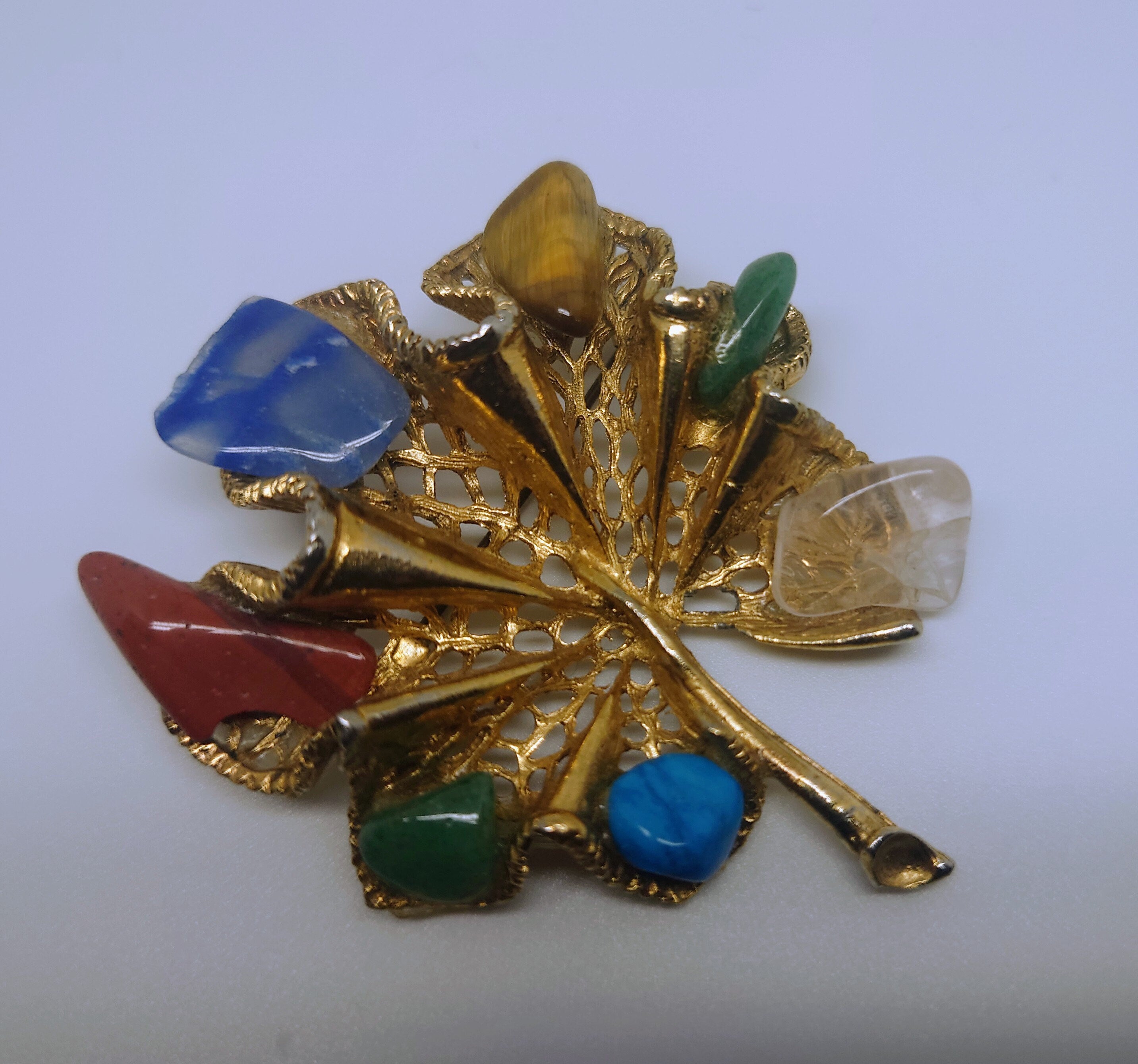 Vintage Art Brooch Coloured Stone Gold Tone Chunky Pin Pendant Gold Leaf Stone Brooch Costume Jewellery Jewelry Collectable