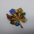 Vintage Art Brooch Coloured Stone Gold Tone Chunky Pin Pendant Gold Leaf Stone Brooch Costume Jewellery Jewelry Collectable
