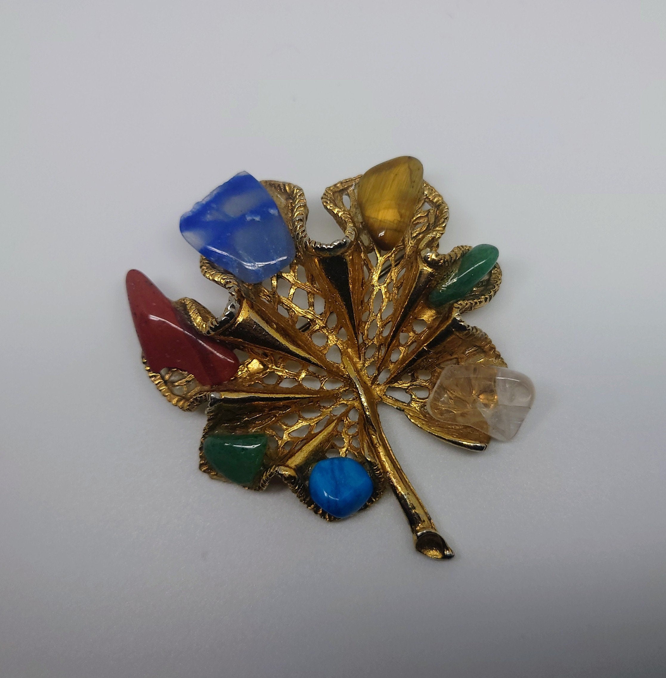 Vintage Art Brooch Coloured Stone Gold Tone Chunky Pin Pendant Gold Leaf Stone Brooch Costume Jewellery Jewelry Collectable