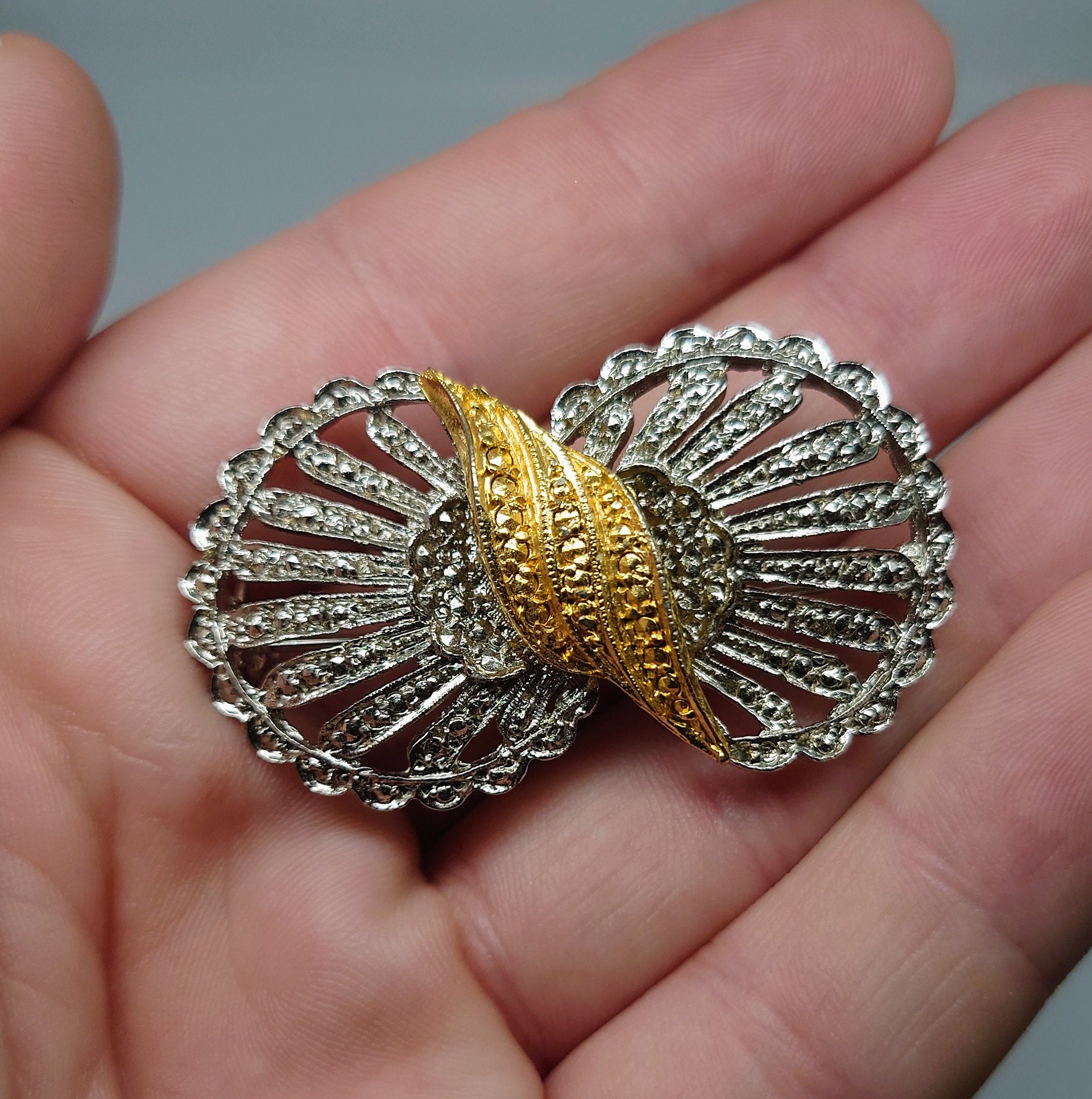 Bow Pin Vintage Brooch Gold and Silver Bow Brooch Pin Costume Jewellery Jewelry Decorative Jewellery Art Deco Style Silver Tone Metal