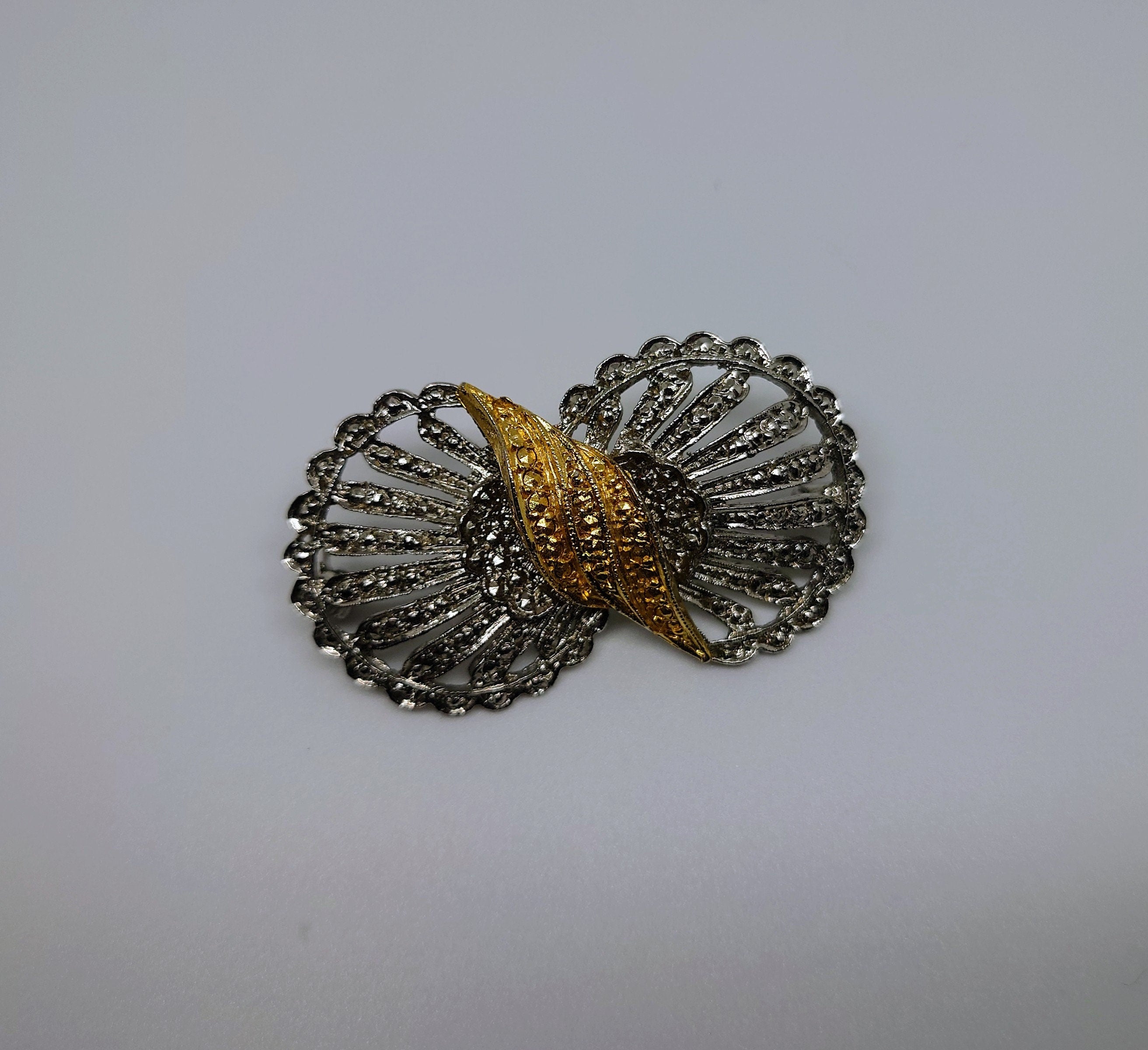 Bow Pin Vintage Brooch Gold and Silver Bow Brooch Pin Costume Jewellery Jewelry Decorative Jewellery Art Deco Style Silver Tone Metal