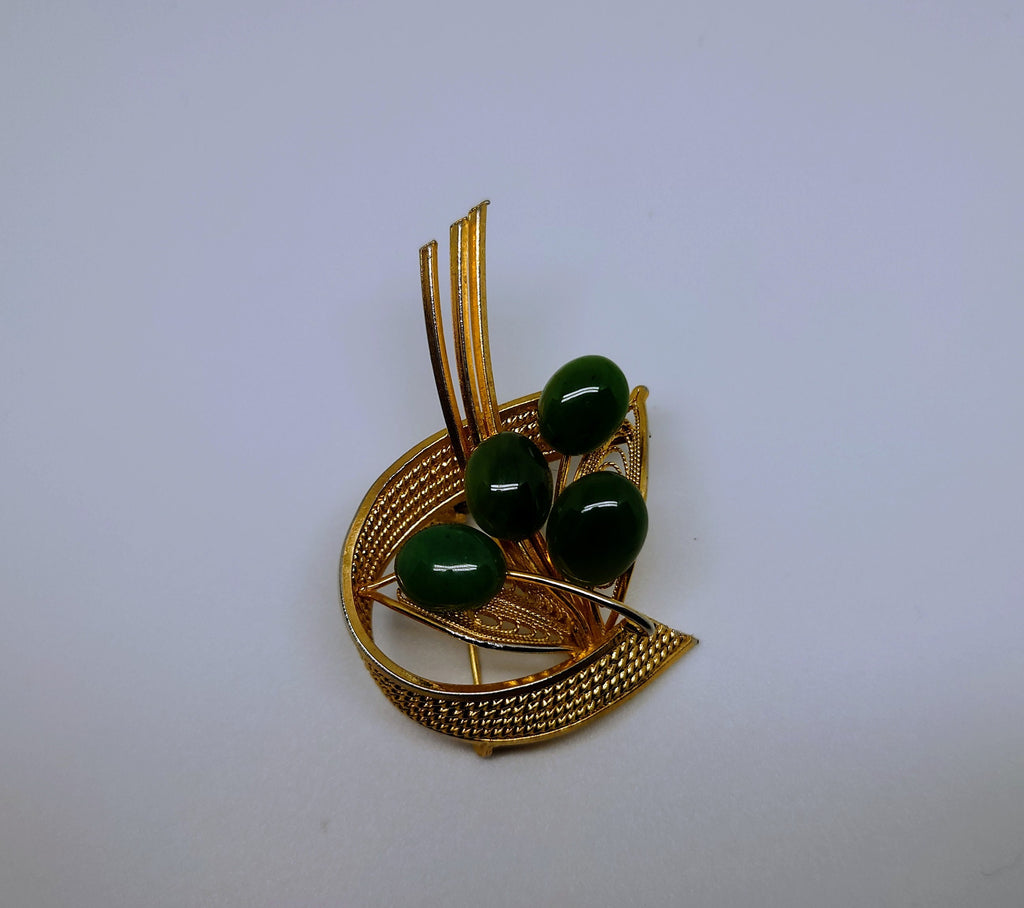 Vintage Brooch Scottish Style Gold Tone Metal Moss Agate Pin  Costume Jewellery Jewelry Art Stylised Brooch Pin