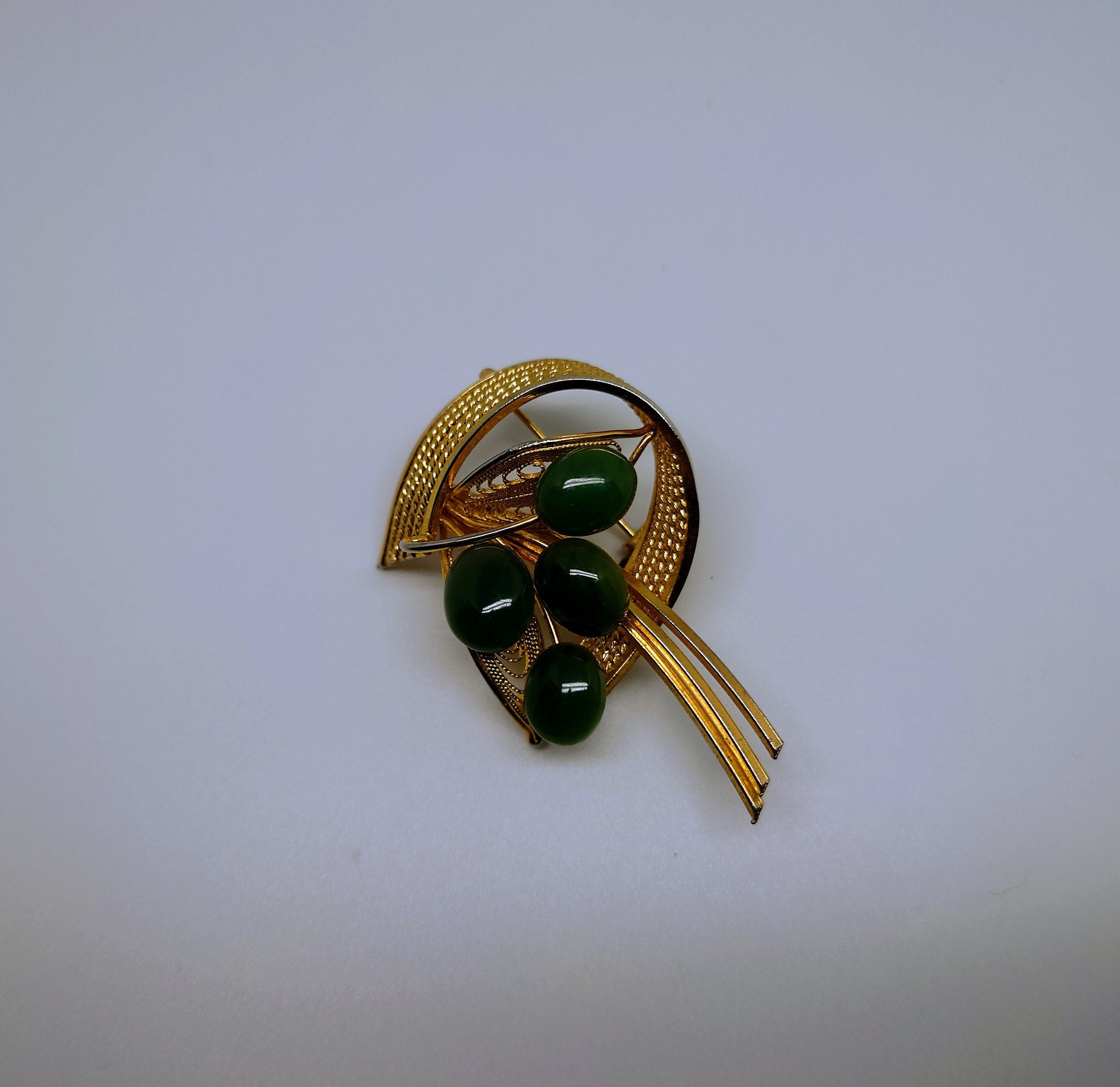 Vintage Brooch Scottish Style Gold Tone Metal Moss Agate Pin  Costume Jewellery Jewelry Art Stylised Brooch Pin