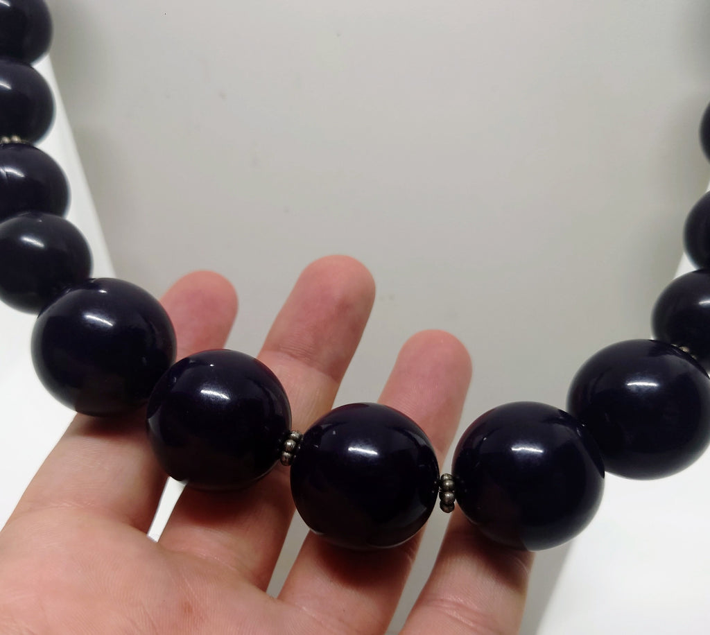 Vintage Lucite Black/dark purple Beaded Necklace Graduated Retro Bead Long Chunky Necklace Costume Jewellery Jewelry