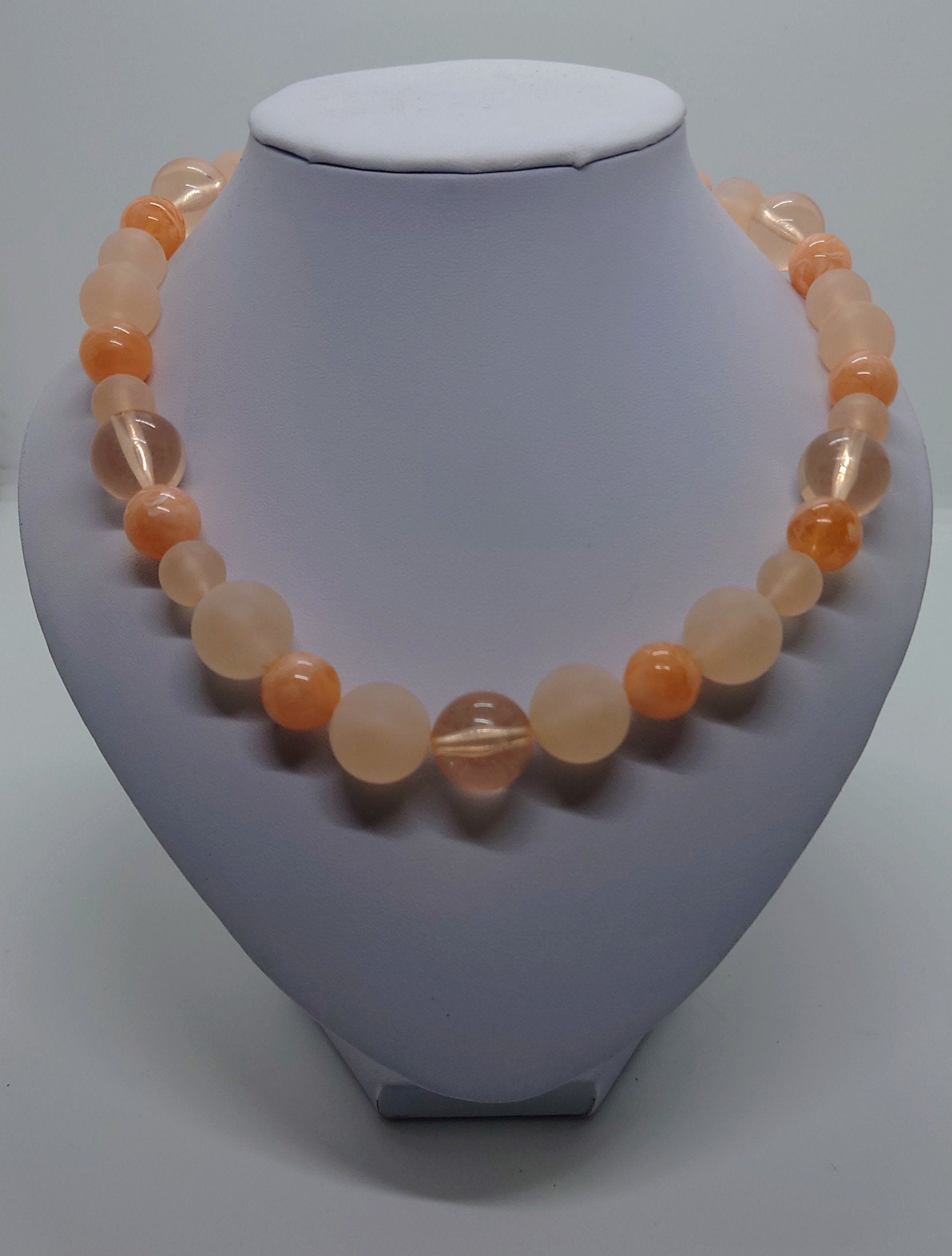 Vintage Necklace Orange Beaded Round Necklace Retro Costume Jewellery Jewelry Peach Screw Clasp Peach Pastel