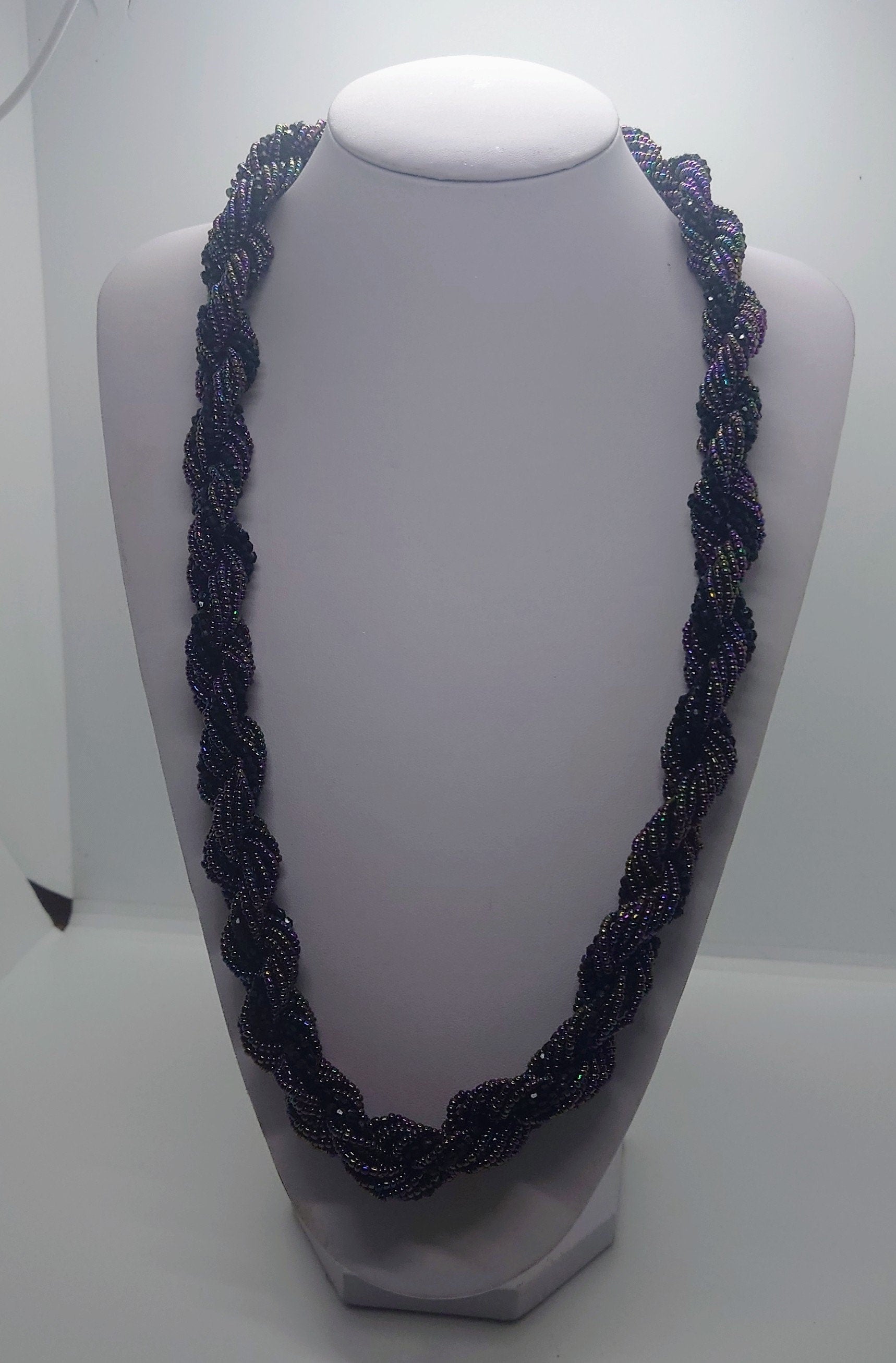 Vintage Necklace Long Multistrand Seed Bead Necklace Metallic Black A/B  Costume Jewellery Jewelry