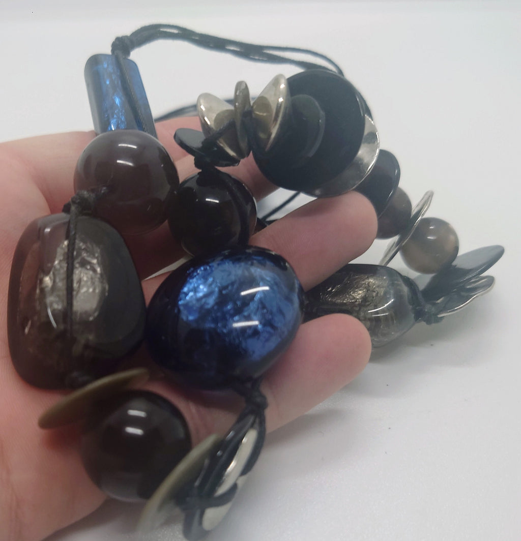 Vintage Chunky Round Beaded Necklace Blue, Silver Lucite, Wooden Modern Style Costume Jewellery Jewelry