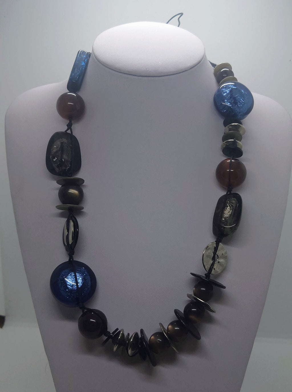 Vintage Chunky Round Beaded Necklace Blue, Silver Lucite, Wooden Modern Style Costume Jewellery Jewelry