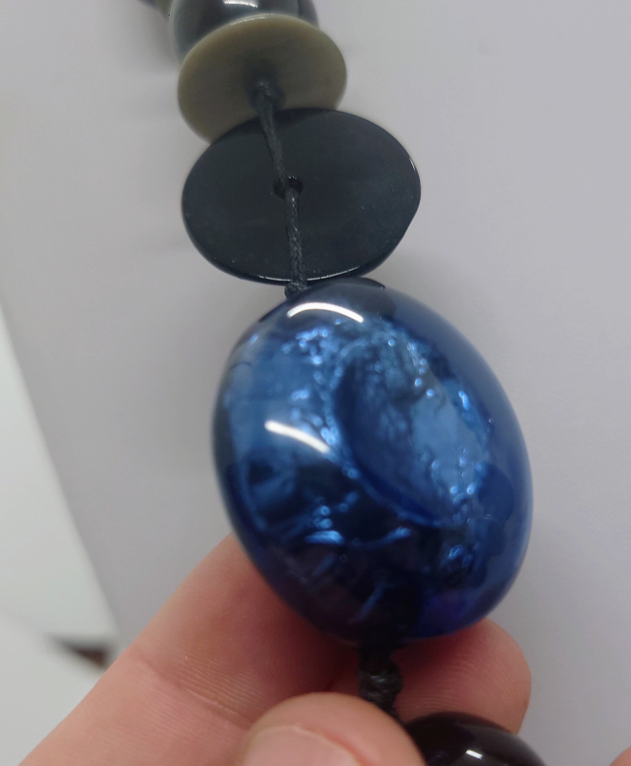 Vintage Chunky Round Beaded Necklace Blue, Silver Lucite, Wooden Modern Style Costume Jewellery Jewelry