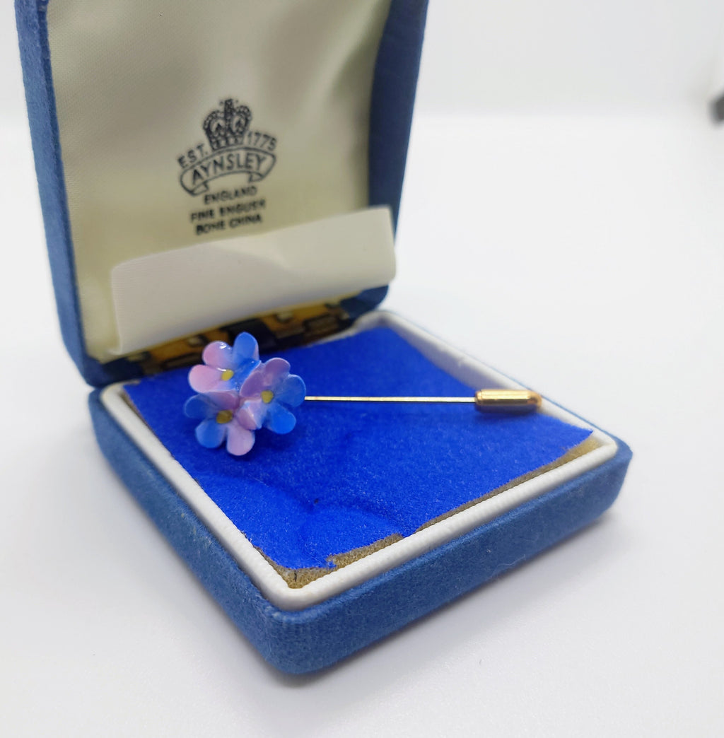 Vintage Hat Pin Floral Pansies Fine Bone China Blue Flower Pin Aynsley Brooch Costume Jewellery Jewelry Boxed bobby pin