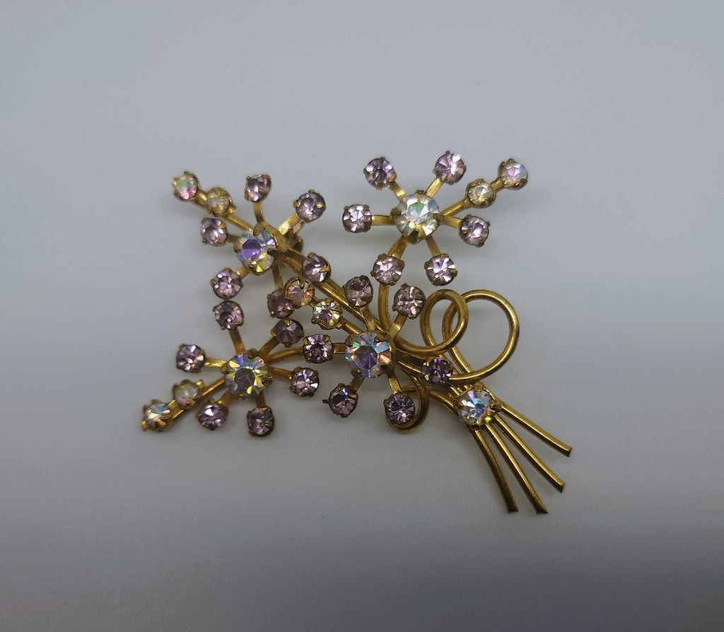 Vintage  Diamond Rhinestone Brooch Pin Costume Jewellery Jewelry Gold Pin Brooch Floral Wire Mid Century 1950's Pin Diamante