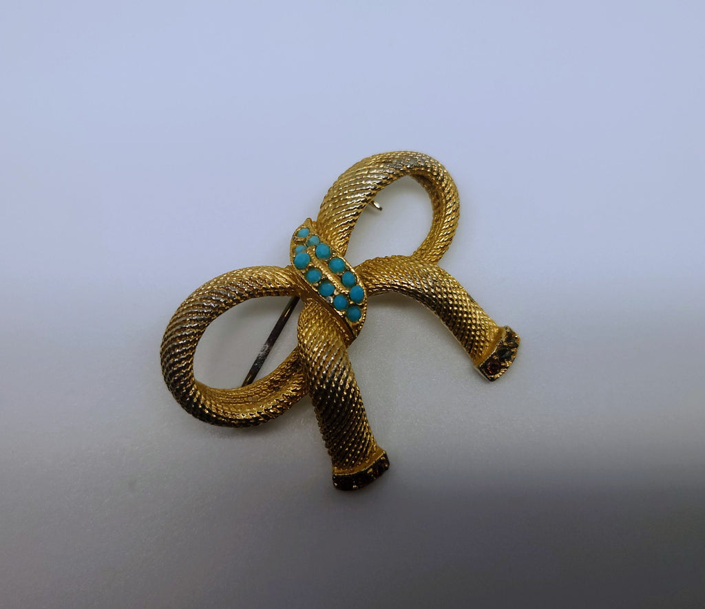 Vintage Gold Bow Brooch Pin Pin Costume Jewellery Jewelry Chain Mail Ribbon Bow Turquoise Rhinestone Gold Bow Brooch Pin