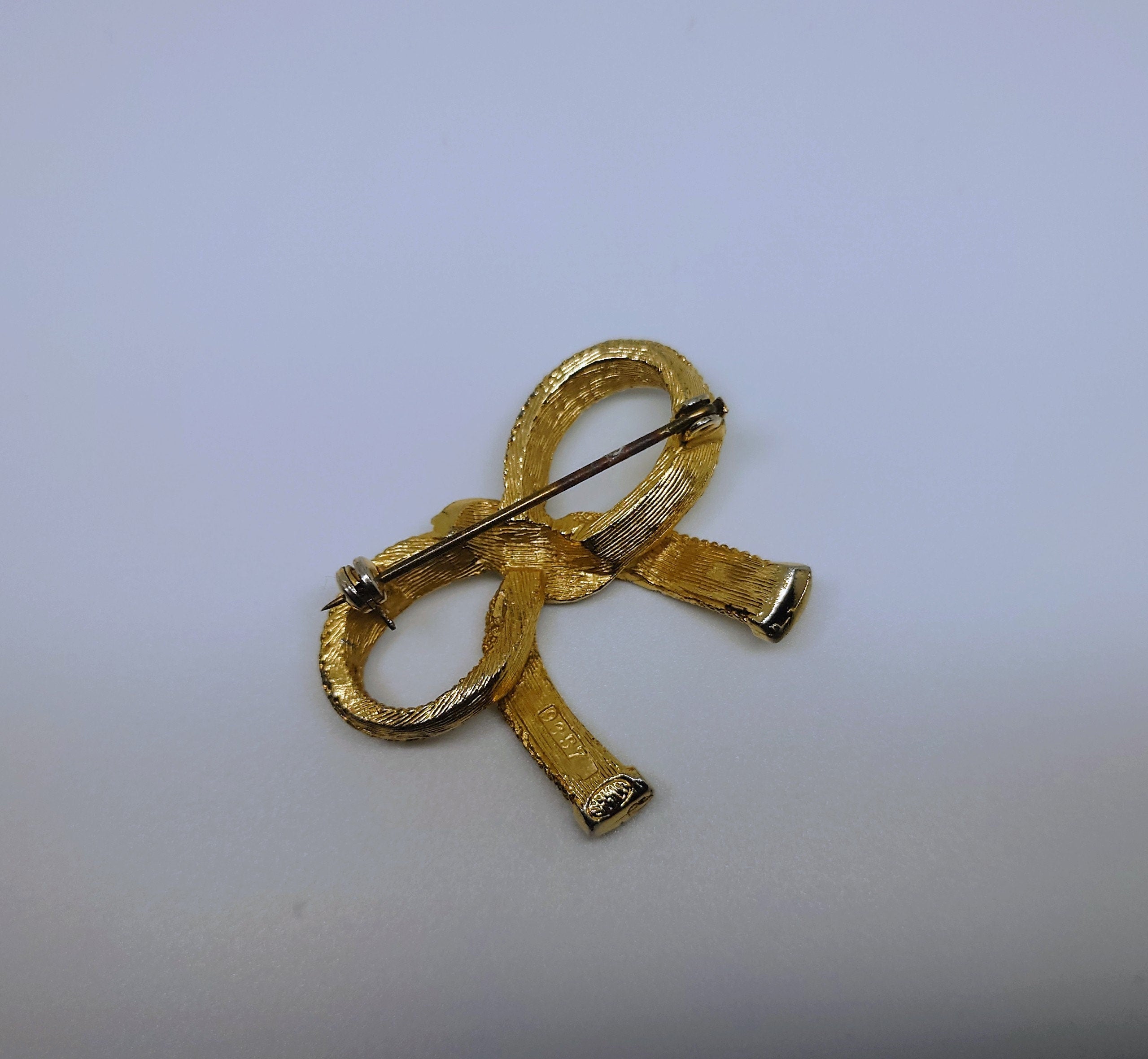 Vintage Gold Bow Brooch Pin Pin Costume Jewellery Jewelry Chain Mail Ribbon Bow Turquoise Rhinestone Gold Bow Brooch Pin