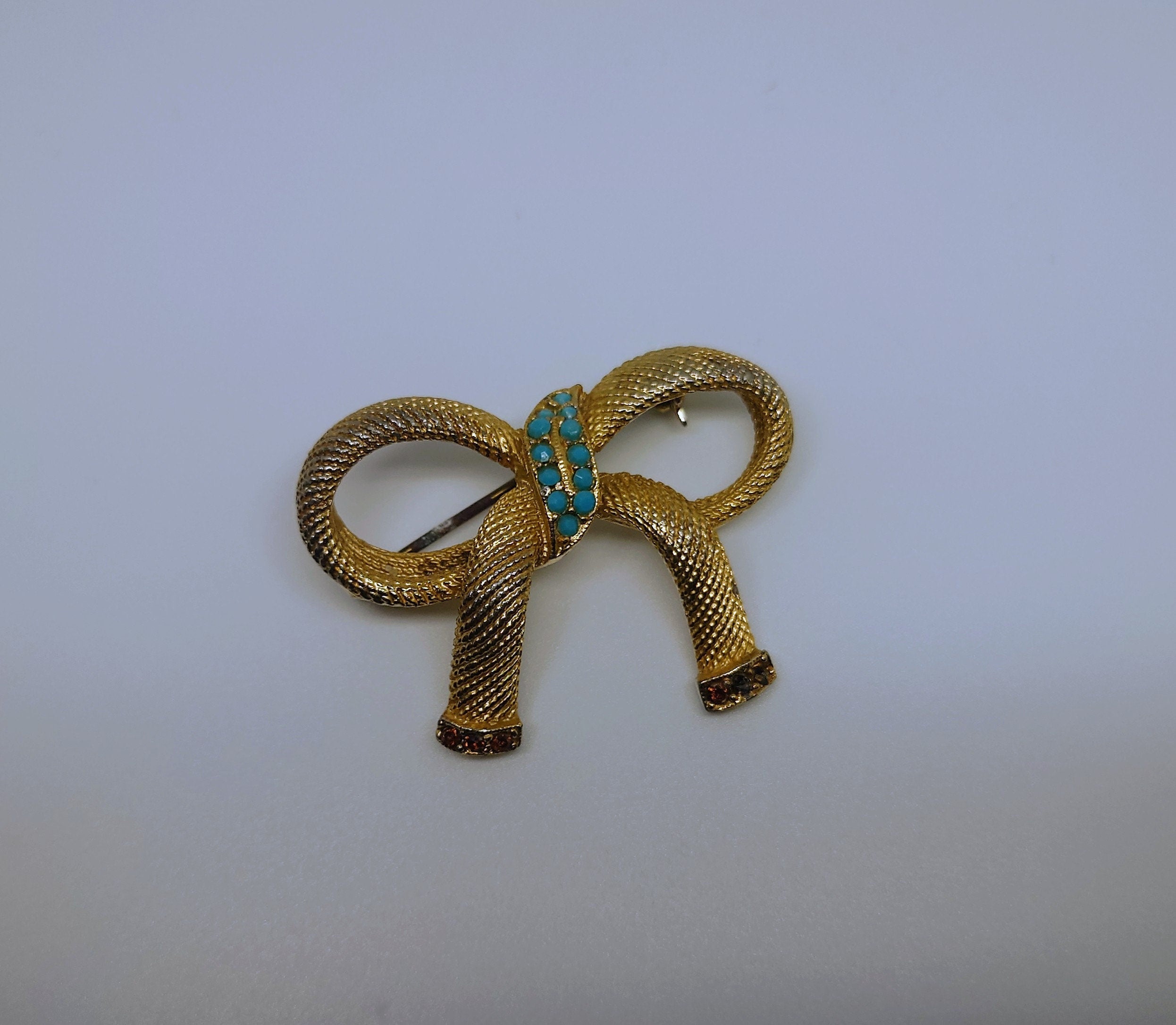 Vintage Gold Bow Brooch Pin Pin Costume Jewellery Jewelry Chain Mail Ribbon Bow Turquoise Rhinestone Gold Bow Brooch Pin