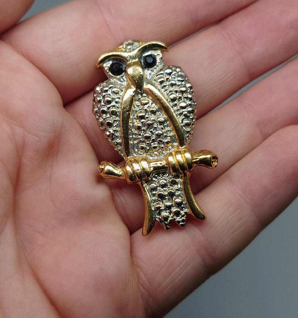 Vintage Gold Owl Brooch Amber Rhinestone Costume Jewellery Jewelry Vintage Bird Pin