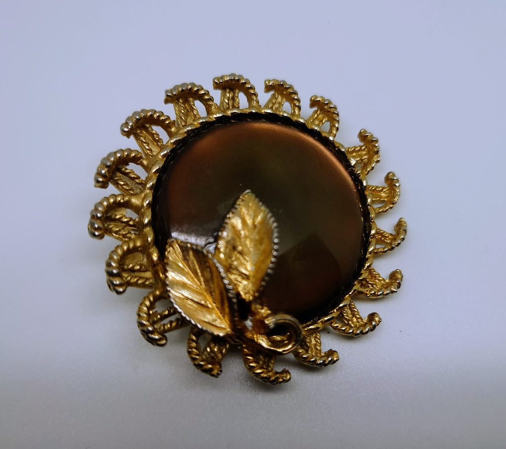 Vintage Brooch Gold Amber Glass Rhinestone Costume Jewellery Jewelry Chunky Glass Brooch Pin Amber Floral Leaf Pin