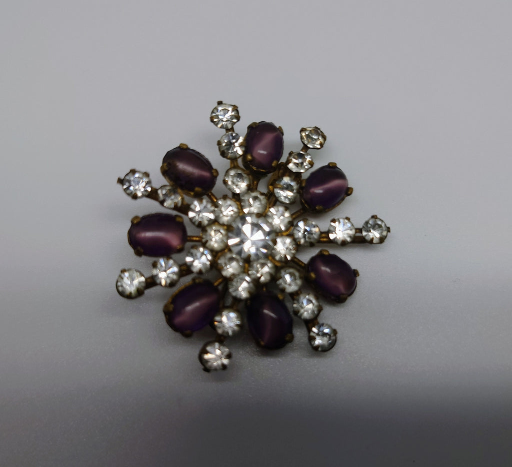 Vintage Floral Pink/Purple Diamond Brooch Gold Tone Metal Costume Jewellery Jewelry Fuax Amethyst and Rose Quartz Unsigned Beauty