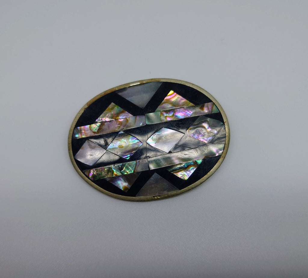 Vintage Mother of Pearl/Abalone Inlay Brooch Pin Vintage Costume Jewellery Jet Black Silver Pin