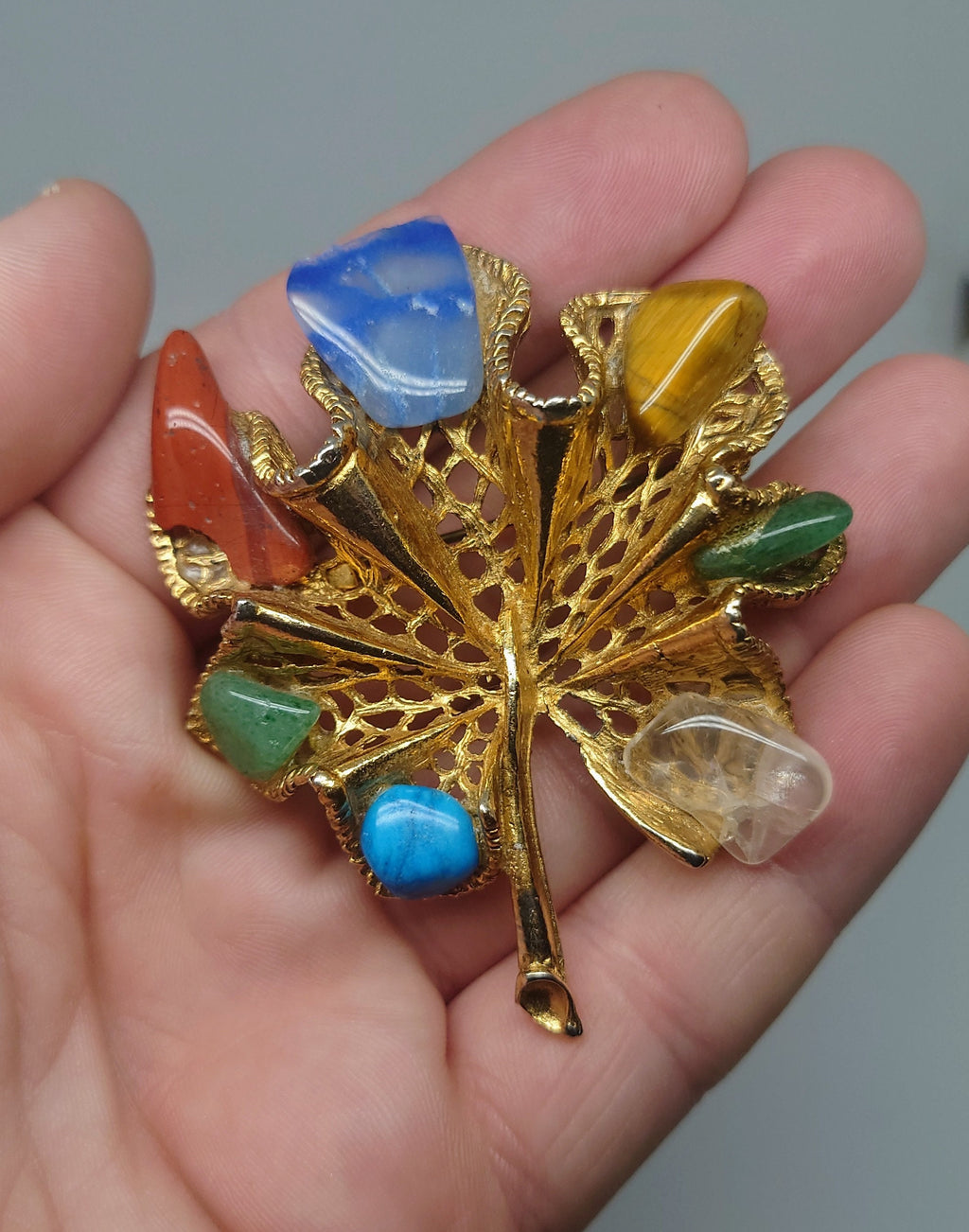 Vintage Art Brooch Coloured Stone Gold Tone Chunky Pin Pendant Gold Leaf Stone Brooch Costume Jewellery Jewelry Collectable