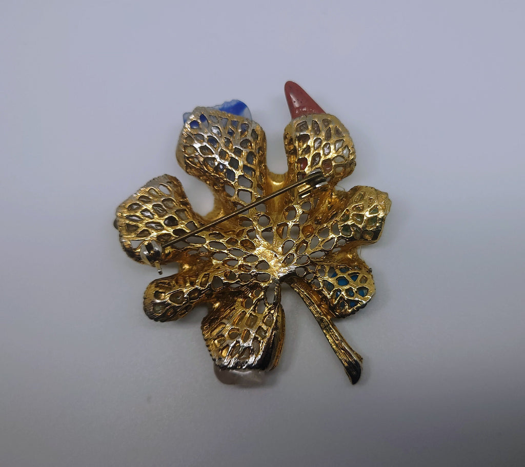 Vintage Art Brooch Coloured Stone Gold Tone Chunky Pin Pendant Gold Leaf Stone Brooch Costume Jewellery Jewelry Collectable