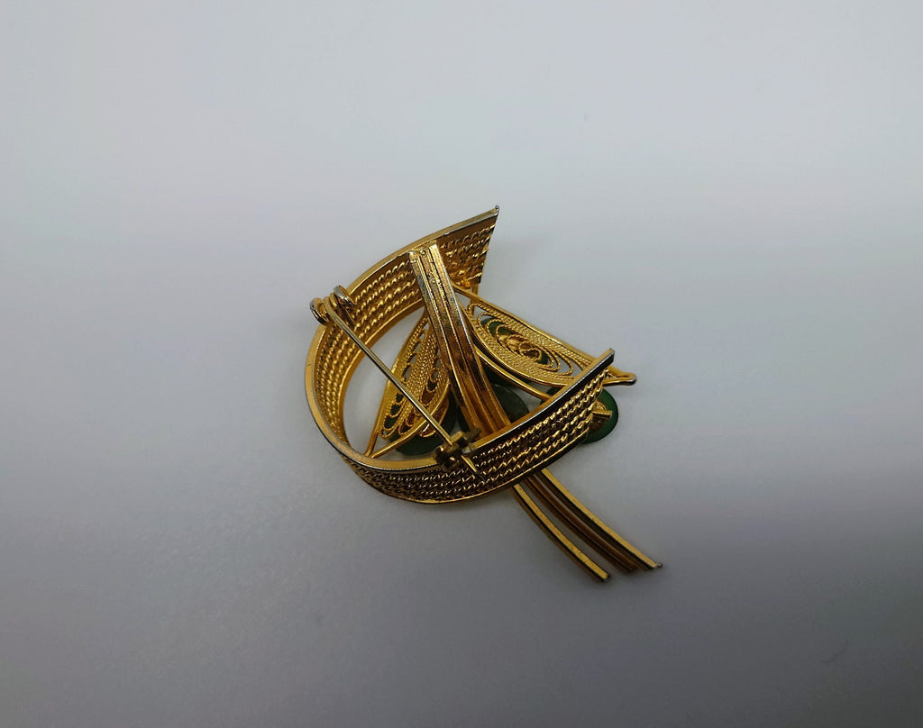 Vintage Brooch Scottish Style Gold Tone Metal Moss Agate Pin  Costume Jewellery Jewelry Art Stylised Brooch Pin