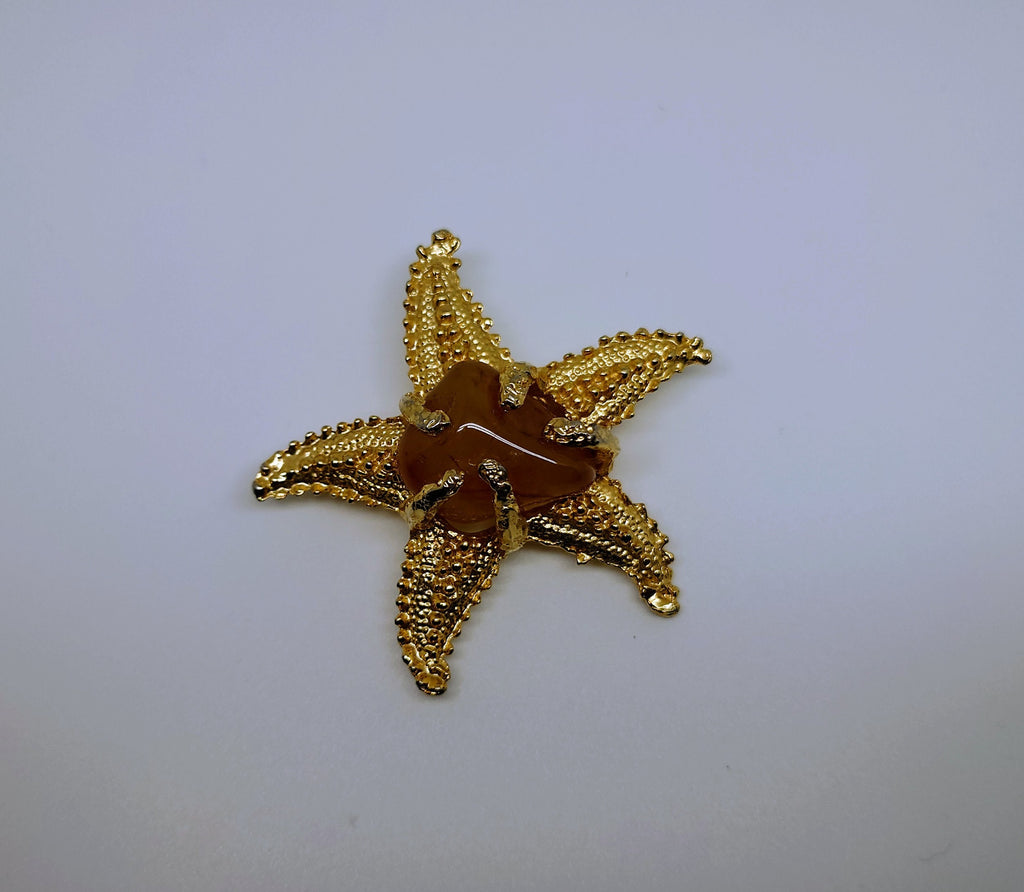 Vintage Starfish Brooch Pin Novelty Gold tone Amber Agate Style Stone Satfish Sea Animal Life Novelty Pin Brooch Costume Jewellery