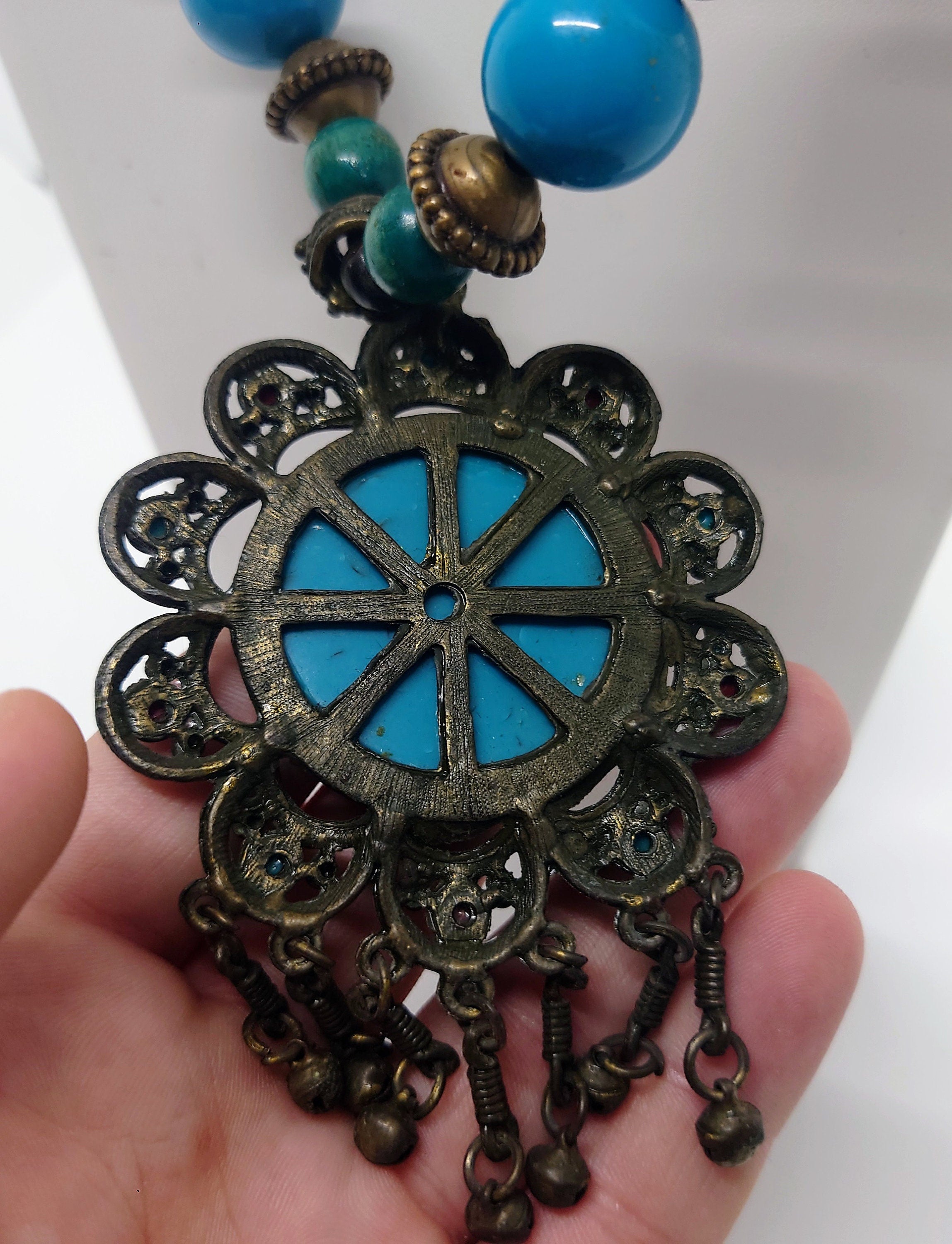 Vintage Blue and Pendant Vintage Necklace Lucite and Metal Bead Lucite Pendant Costume Jewellery Jewelry Boho Chunky Pendant Necklace