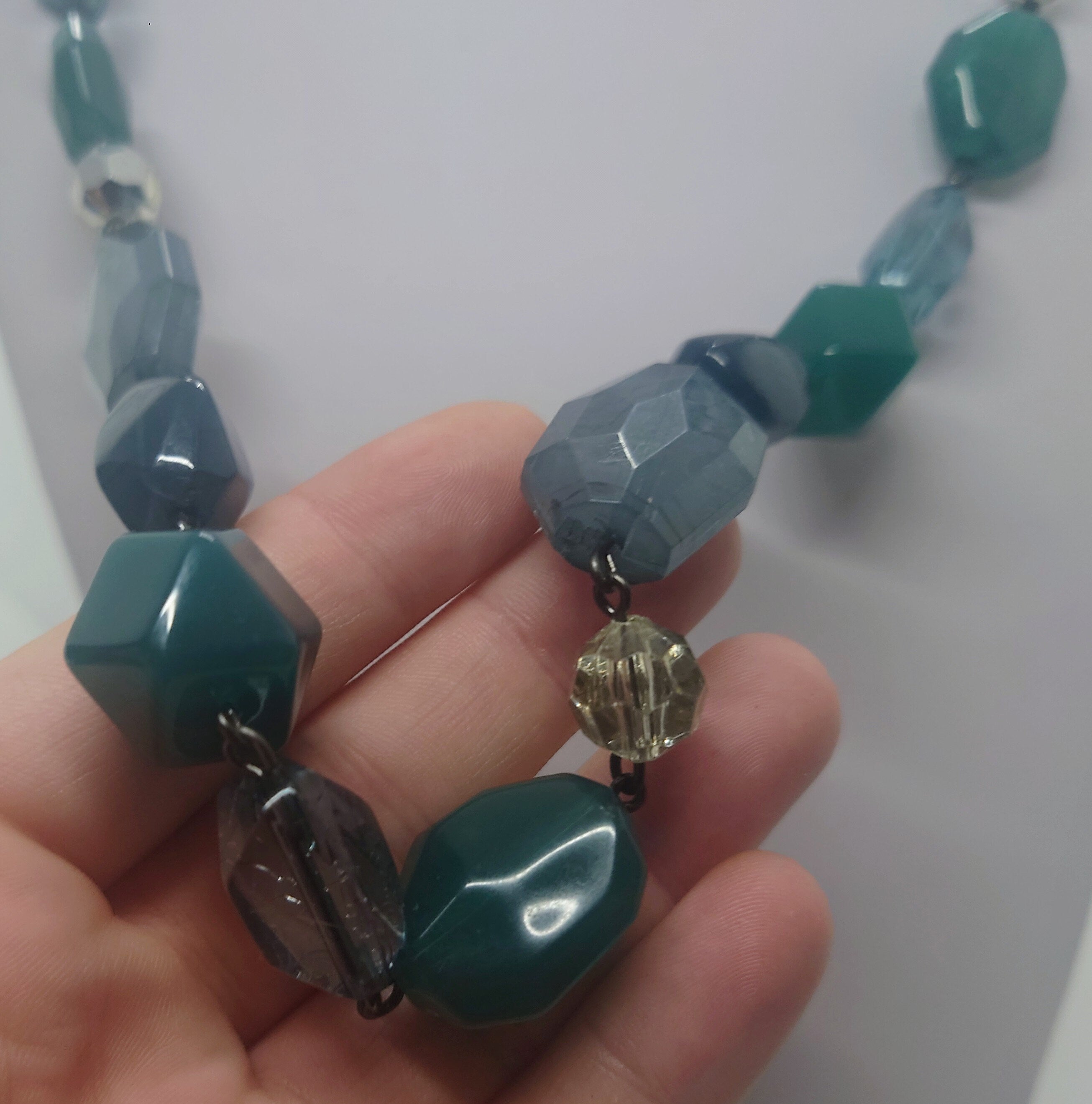 Vintage Green Beaded Necklace Lucite Beads, Chunky Costume Jewellery Jewelry  Boho Style