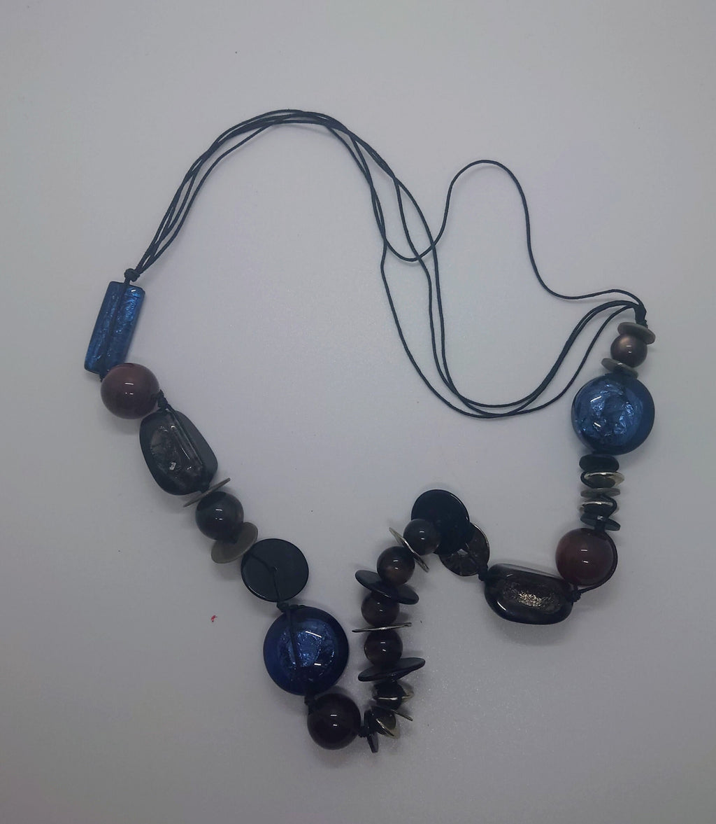 Vintage Chunky Round Beaded Necklace Blue, Silver Lucite, Wooden Modern Style Costume Jewellery Jewelry